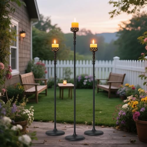 Floor Candle Holder Centerpieces for Tables,3Pcs Black Candle Holder for Pillar Candles Matte Metal Candlestick Set for Wedding Party Home Candles Holder for Ceremony Mantel Decor (Adjustable Height