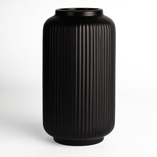 Black Ceramic Vase, 8 Inch Ribbed Flower Vase for Bouquet and Pampas Grass, Modern Wide Mouth Decorative Vase for Dining Table, Kitchen Shelf, Wedding Centerpiece - color: Black02