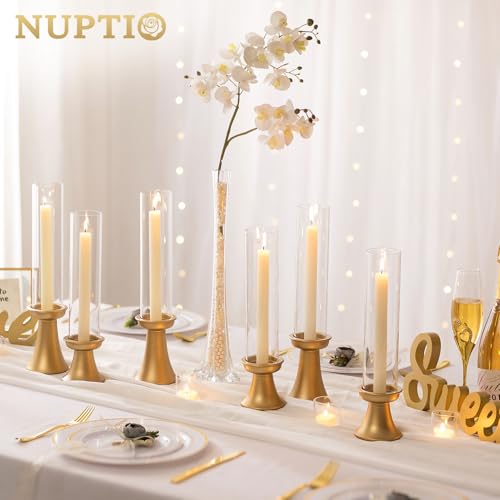 NUPTIO Gold Candlestick Holder for Centerpiece: Set of 6 Hurricane Taper Candle Holders with Glass Cylinder Sleeve - Bulk Brass Candles Stand for Thanksgiving Christmas Holiday Party Decor