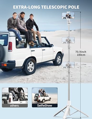 71" Cell Phone Selfie Stick Tripod, Smartphone Tripod Stand with Remote, Extendable Travel Phone Selfie Stick Compatible with iPhone 17/16/15/14/13 Pro Max Gopro Android DJI (White) - color: White, size: A-[70.86Inch＆Reinforced Stability]