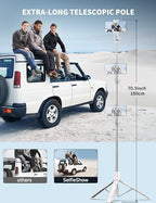71" Cell Phone Selfie Stick Tripod, Smartphone Tripod Stand with Remote, Extendable Travel Phone Selfie Stick Compatible with iPhone 17/16/15/14/13 Pro Max Gopro Android DJI (White) - color: White, size: A-[70.86Inch＆Reinforced Stability]