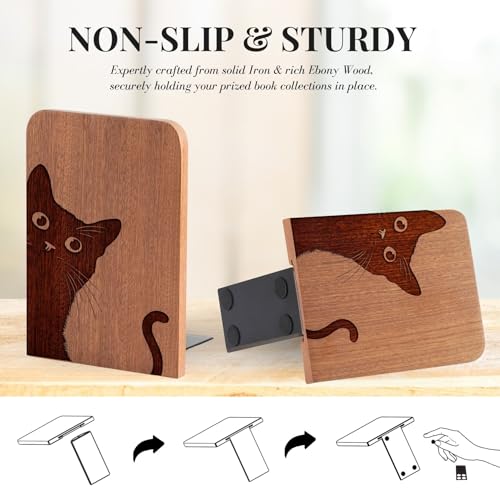 Cat Bookends, Cat Lover Gifts for Women Men, Novelty Book Ends Unique, Heavy Duty Wooden Bookends for Shelves Decorative(1 Pair, 4.72x6.69 Inches) - Tail - color: Tail