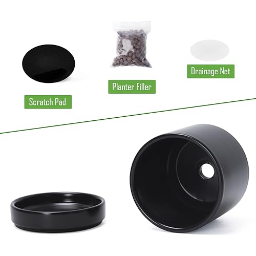 D'vine Dev Set of 4 Small Ceramic Plant Pots, 4.7 Inch Succulent Planter Pot for Plants with Drainage Hole and Saucer, Black, 94-X-B-2 - color: Black, size: 4.7 Inch