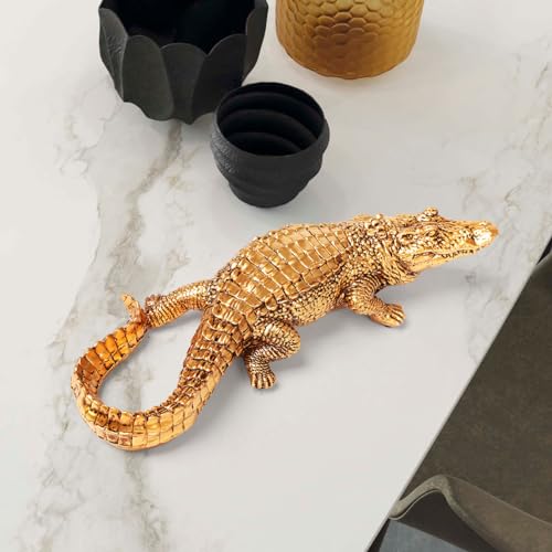 HAUCOZE Gold Crocodile Sculpture Animal Figurine Statue Modern Home Decor Table Centerpiece Gift for Bookshelf Desktop 14.2 Inch - color: Gold