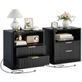 IRONCK Fluted Night Stand, Modern Nightstand with Charging Station, Drawers and Open Shelves - Bedside Table Wood Side Table for Bedroom, Black - color: Black