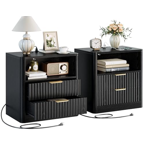 IRONCK Fluted Night Stand, Modern Nightstand with Charging Station, Drawers and Open Shelves - Bedside Table Wood Side Table for Bedroom, Black - color: Black