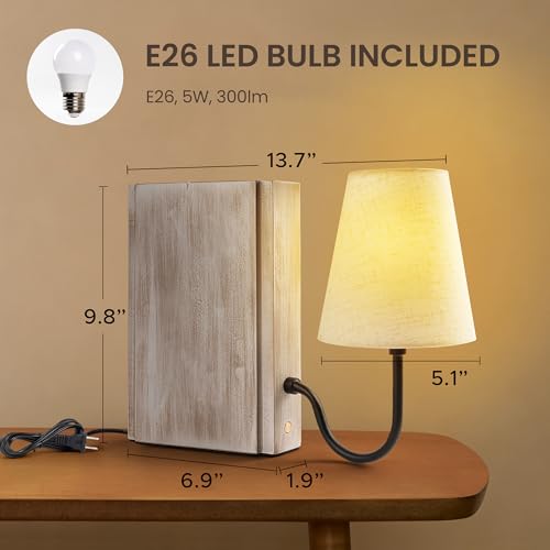 AELS Wooden Bookshelf Lamp with Bulb, Table Lamp with Linen Shade, 3-Color Dimmable Touch Control, Modern Farmhouse Decorative Bookend, Book Sconce for Office Home Bedroom Bookshelf, White - color: ‎Off-White, size: Plug-in Model