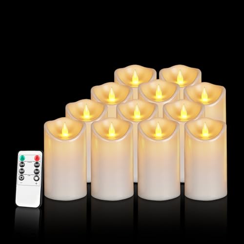 Flameless Candles 4" 5" 6" Outdoor Indoor Pillars Battery Operated Flickering Candles Include 10-Key Remote Timer 400+ Hours by 2 AA Batteries (White Candle - Warm light, 3"D x 6" H - 12 Pack) - color: White Candle - Warm light, size: 3"D x 6" H - 12 Pack
