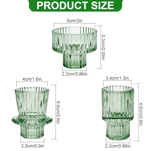 Candlestick Holders Set of 6, Ribbed Glass Taper Candle Holders, Reversible Green Tealight & Candle Stick Candle Holder Vintage Crystal Tapered Candlestick for Wedding Dinner Party Festival - color: Green