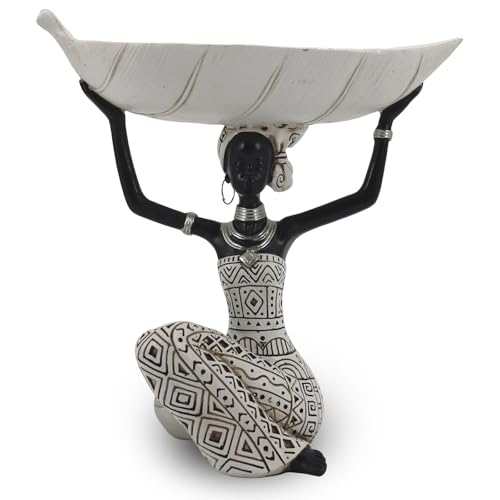 Lescafita African Woman Holding White Leaf Bowl Statue, Modern Resin Figurine Sculpture, Boho Home Table Decoration for Living Room or Entryway - color: 313-white
