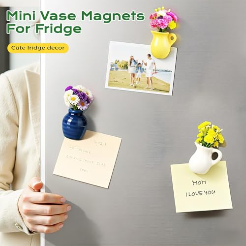 Renmxj Mini Ceramic Vase Magnets for Fridge, Cute Tiny Plant Vase Fridge Magnets for Kitchen Refrigerator Office Locker Decoration with Fake Flowers (5 Pack) - color: 5 Pack