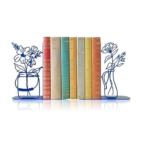 Flower Vase Bookends, Metal Decorative BookEnds for Shelves Cute Book Ends for Office Home Decor, Ideal Gift for Book Lovers (Blue) - color: Blue