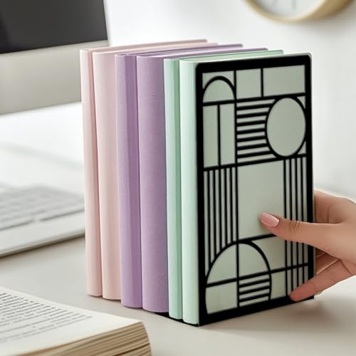 Peacoblue Metal Bookends for Shelves, Modern Decorative Heavy Duty Study Book Ends Stoppers for Office, Desk, Shelf, Room 5.3"x4.3"x7.9" Cast Iron Simple Tall Bookends 1 Pair (Geometry Lines) - style: Geometry Lines