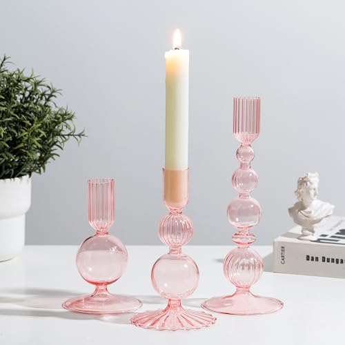 Glasseam Pink Glass Candlestick Holder: Unique Candle Holders Set of 3 Modern Taper Candle Holder Decorative Candle Holders for Table Centerpiece Party Christmas Home Wedding Decoration - color: Pink