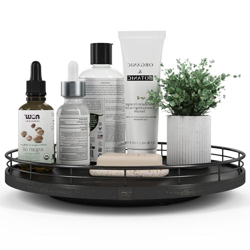 12" Oak Bathroom Vanity Tray Turntable for Perfume Candle, Round Wooden Decorative Tray for Kitchen Sink Countertop Organizer, Bathroom Counter Organizer for Skincare Makeup, Farmhouse Black Gold - color: Black, size: 12 inches