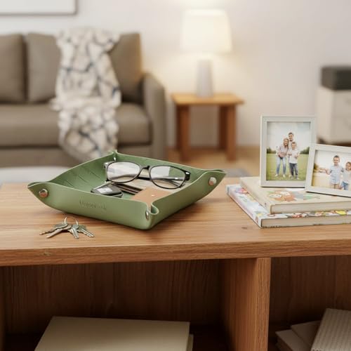 UnionBasic Small Valet Tray, Jewelry Tray for Rings Watches Earrings, Entryway Catchall Caddy for Coins Keys Change, Nightstand Bedside Valet Holder, Trays for Electronic Gadgets, Woven Matcha - color: Woven Matcha, size: 5.4" x 5.4" x 1.6"