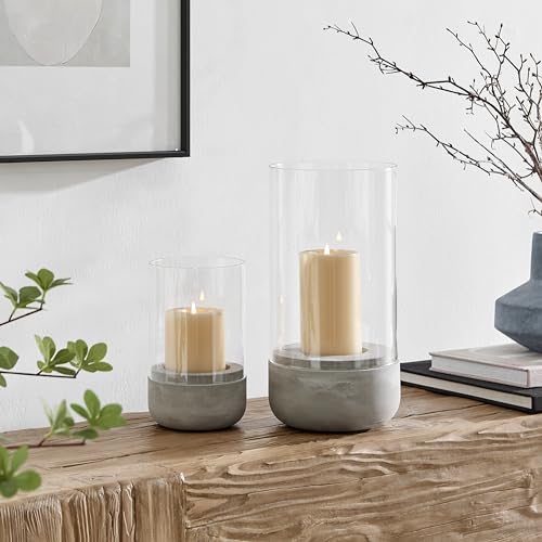 Danya B. Modern Cool Gray Cement Base and Glass Pillar Hurricane Candle Holder (Small)