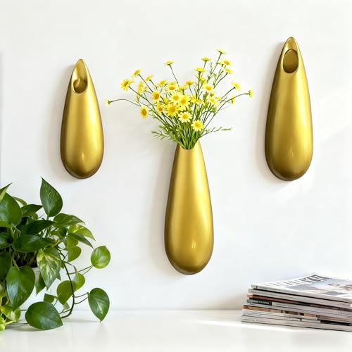 Sculptural Wall Ceramic Vase — 3 Pack Gold Hanging Sconce Vase | Turn Flowers into Art — Decorative Ceramic Wall Sconce for Single Stem Displays - size: 3pcs-Small&Medium&Large