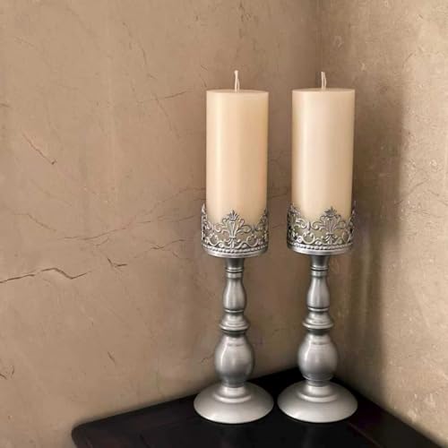 Candle Holders for Pillar Candles Gothic Matte Pearl Silver Tall Candle Holders Set of 2 Decorative Large Table Centerpieces Candle Stand Decor (Pearl Silver 2PCS A) - color: Pearl Silver 2pcs a