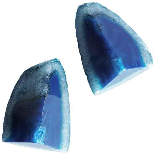 Natural Geode Bookends Pair - 3-4 lbs Heavy Duty Dyed Blue Agate, Non-Slip Crystal Bookends for Shelves | Vibrant Home Office Decor - color: Blue, size: 3-4LBS