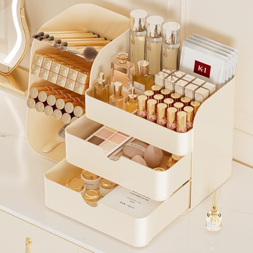 Booklov Makeup Organizer for Vanity, Countertop Cosmetic Display Case with Clear Acrylic Drawers, Bathroom Counter Beauty Caddy, Cute Table Storage Holder for Skincare, Brush Lipsticks, Crystal Creem - color: Crystal Cream, size: M01