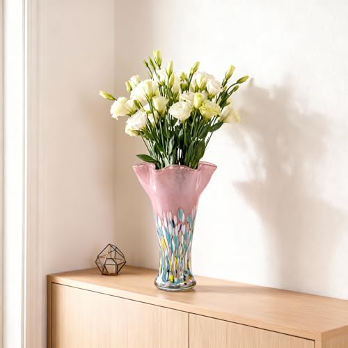 9.1H Murano Hand Blown Glass Vase, Ruffled Scalloped Rim Trumpet Shape, Wide Mouth Colorful Decorative Glass Vase, Sculptural Art Centerpiece for Living Room Table, Bathroom, Office Shelf (Blue-Pink) - color: Blue-pink
