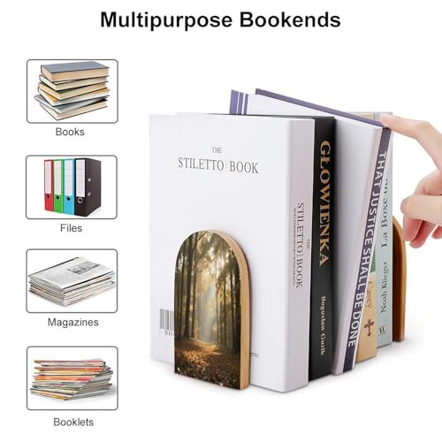 Personalized Wood Book Ends Metal Base Autumn Forest Path Printing Bookend Modern Heavy Duty Bookends for Home Or Office 1 Pair - color: Autumn Forest Path