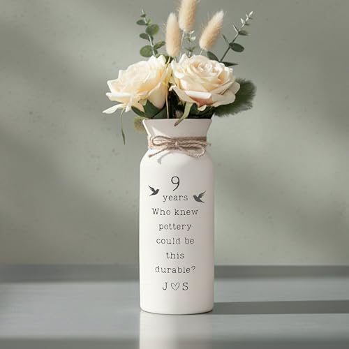 9th Anniversary Pottery Gift for Her Personalized Ceramic Vase White Handcrafted Custom Couple Names Keepsake 9 Years Marriage Wife Husband, Engraved Handmade 3 x 8 Inches
