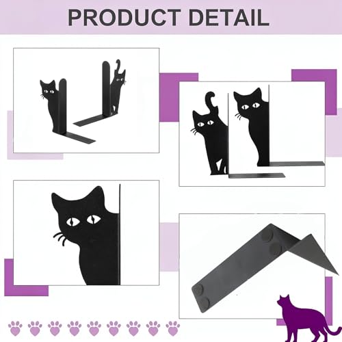 Peeping Cat Bookends Set of 2 - Heavy Duty Metal Bookends for Study & Office Bookshelf, Decorative Cat Lover Gifts, Non-Slip Book Organizers with Whimsical Peeking Cat Design