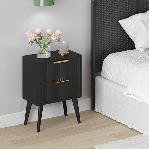 YAUKOMEL Small Black Night Stand,Mid Century Modern Bedside Table, Nightstand with 2 Drawers,Fluted Side Table with Wood Legs, End Table for Bedroom,Small Space Black11.8 D x 15.7" W x 22.8" HCTG55BK - color: Black, style: Fluted Style
