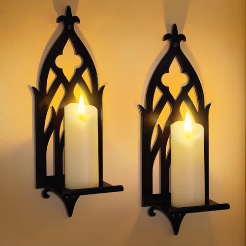 Wall Candle Sconces Set of 2, Victorian Gothic Metal Candle Holders for Pillar, Tealight, and LED Candles, Decorative Wall Decor for Living Room Dining Room (Black) - color: Black Gothic