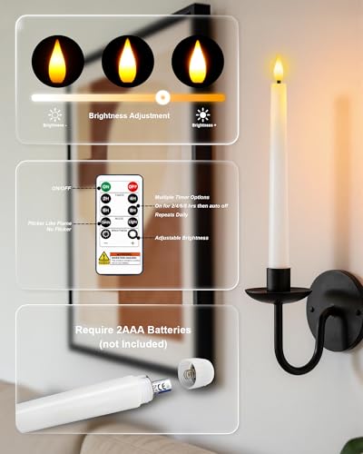 Homemory 6 Pcs Waxy Flameless Taper Candles with Remote, Led Candlesticks Classic Tall Candle, Flickering Battery Operated Taper Candles for Bedroom, Dining Room, White, 9.6 inches - style: Classic - White 9.6"