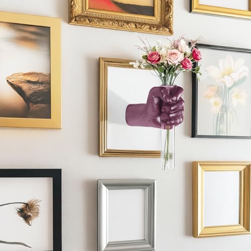 Purple Wall Sculptures, Hand Vases Home Decor, Wall Mount Art Sculpture, Unique Wall Art Statue, Funky Flower Vase Decorations, Modern Eclectic Hanging Decor,Glass Test Tube Vase(Purple) - color: Purple