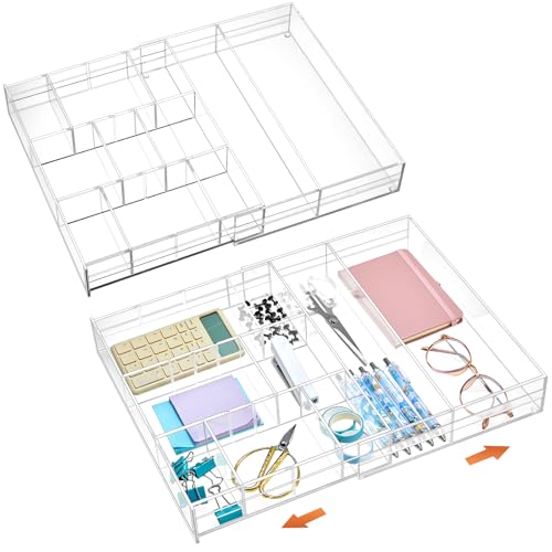 Briwooody 2 Pcs Acrylic Desk Drawer Organizer Maximum 11.8 x 17 x 1.9 Inch Expandable Drawer Organizer Trays with 7 Adjustable Compartments Desk Accessories for Makeup Silverware Office Bathroom - size: 11.8 x 17 x 1.9 Inch