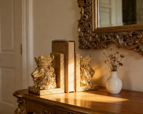 Lion Head Bookends with Regal Gold Design, Solid Resin for Heavy Duty Book Support, Non-Slip Pads for Stability, Gift for Lion Enthusiasts Collectors - color: Gold