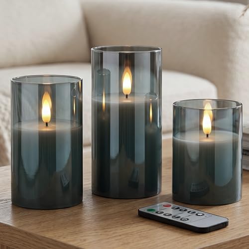 GenSwin Glass Flameless Candles with Remote Battery Operated Flickering LED Pillar Candles Real Wax 3D Wick for Wedding Festival Home Decoration(Gray,Pack of 3) - color: Black