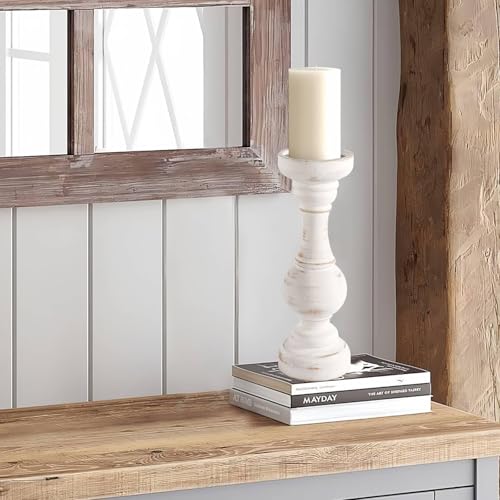 CedarLux Rustic Pillar Candle Holder, 11 Inch White Wooden Candlestick Holders, Farmhouse Candle Stands for Pillar Candle, Decorative Wood Candlestick Holders for Living Room, Table Centerpiece - size: 11"H