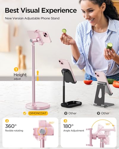 DIMONCOAT Cell Phone Stand for Desk, Stocking Stuffers Gifts for Teens Girls Boys Adults，Phone Holder Angle Height Adjustable, Aluminum Alloy Universal iPhone Stand for iPhone 17 16 15 Pro Max -Pink - color: PINK - 6X STABLE WEIGHTED BASE, size: For 4-7 I