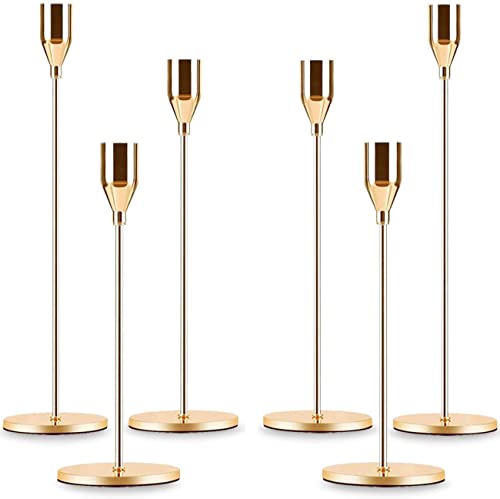 Gold Taper Candle Holder Set of 6, Brass Gold Tall Candlestick Holders, Metal Vintage Candle Stickers Long Holder Set, Pillar Decorative Candle Holder Fits 3/4 Inch Candle - color: French Gold-6 Packs