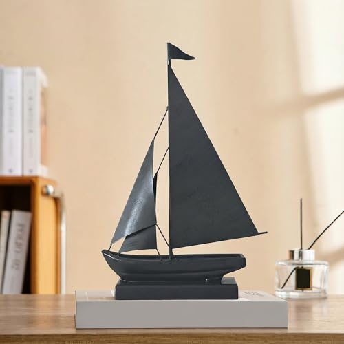 Vintage Sailboat Statue Decor for Living Room, Metal Boat Sculptures Decorations for Dining Room Office, Nautical Home Décor Accents for Shelf Bookshelf Coffee Table TV Stand (Dark Gray) - color: Dark Gray