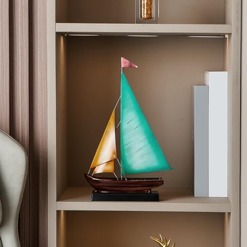 Vintage Sailboat Statue Decor for Living Room, Metal Boat Sculptures Decorations for Dining Room Office, Nautical Home Décor Accents for Shelf Bookshelf Coffee Table TV Stand (Yellow and Blue) - color: Yellow and Blue