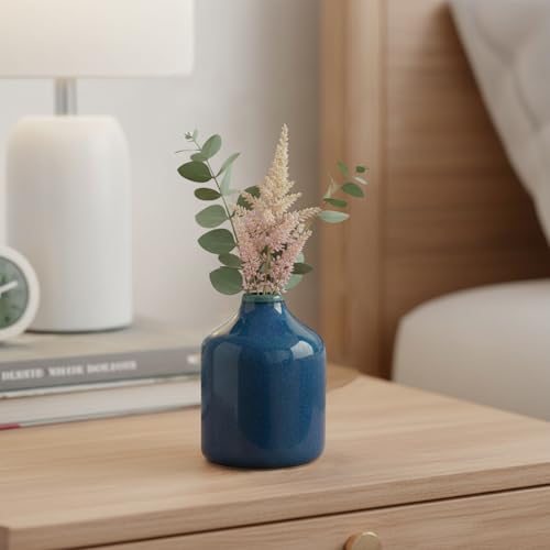 Sunddo Blue Ceramic Vase for Pampas Grass - 4 Inch Small Decorative Flower Vase, Farmhouse Coastal Vases Home Decor, Shelf, Office, Bathroom Decoration, Book Shelf, Night Stand Decor - color: Dark Blue, size: 4 inch