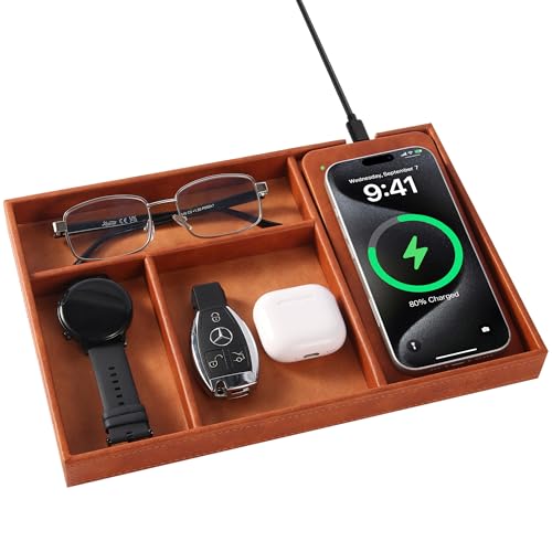 Valet Tray, Built in Wireless Charging Pad, Nightstand Organizer, Two-Toned Premium Vegan Leather Desk Bedside Caddy Organizer Tray for Keys, Watch, Wallet,Jewelry (Brown Patchwork) - color: Brown Patchwork