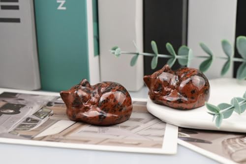 QINJIEJIE 2" Red Obsidian Cat Crystals Decor Statue Sleeping Cat Figurines Healing Stone Gifts Carved Pocket Polished Gemstones Cute Kitten Statue Office Desk Home Room Reiki Decor Gifts for Women - color: F-red-red Obsidian, size: 2 inches