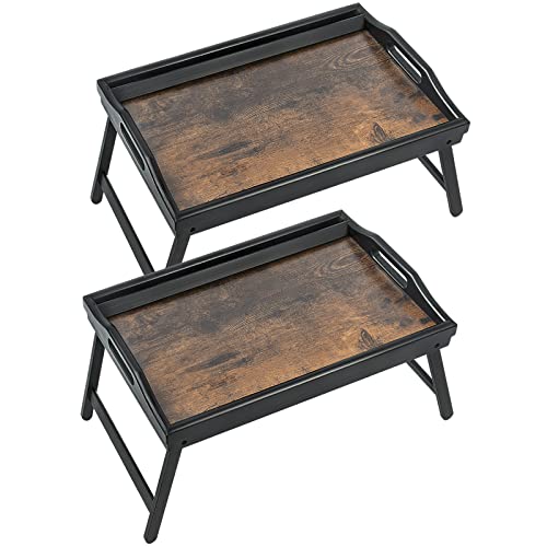 2 Pack Bed Tray Table Breakfast Trays Serving Tray Bamboo Bed Laptap Floding Legs with Handles and Phone Holders - style: 2 pack(Dark brown with black legs)