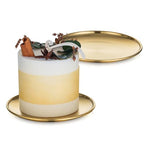 Romadedi Gold Pillar Candle Holders Decor - 5.5 Inch Round Candle Tray Decorative Brass Metal Plate Candle Srand for 3 Wick Candles Jars for Coffee Table Countertop Home Decorations, Set of 2