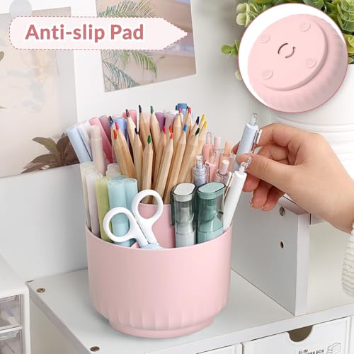SKYDUE Makeup Organizer, Rotating Pencil Pen Holder for Desk, Dual-Purpose Desk Organizer for Cosmetics & Pens, Makeup Brush Holder with 5 Slots, Pencil Cup for Office, Home - color: Pink