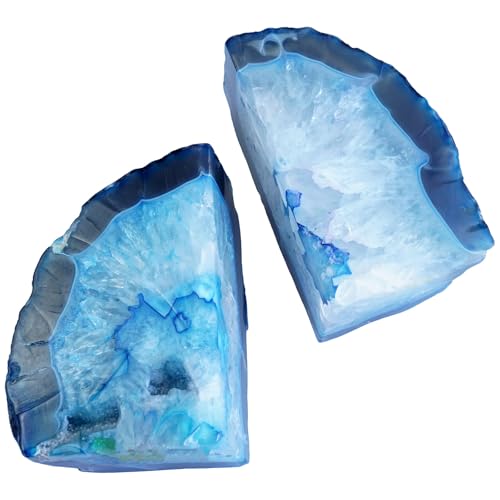 Natural Teal Dyed Agate Geode Bookends - 2 to 3 lb Heavy Duty Rock Crystal Stone Book Ends for Shelves, with Rubber Bumpers, Decorative Book Holders for Home Office - color: Blue, size: 2-3 Lbs