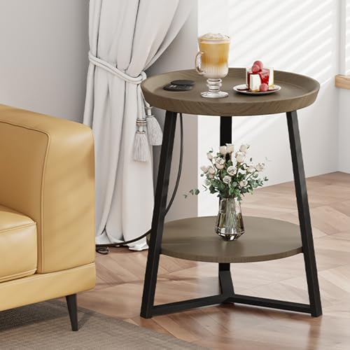 Gadroad Round End Table with Charging Station, USB Ports, Wood Tabletop & Black Metal Frame, 2-Tier Side Table for Living Room, Bedroom, Walnut Color 15.7 * 15.7 * 23.0inches - color: Walnut, style: with Charging Station