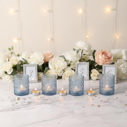 LETINE 16 Pcs Blue Votive Candle Holders, 4 Assorted Patterns Glass Tea Light Candle Holders for Table Centerpieces, Ideal for Spring Summer Wedding Table Centerpieces, Valentine's Day & Parties - color: Blue
